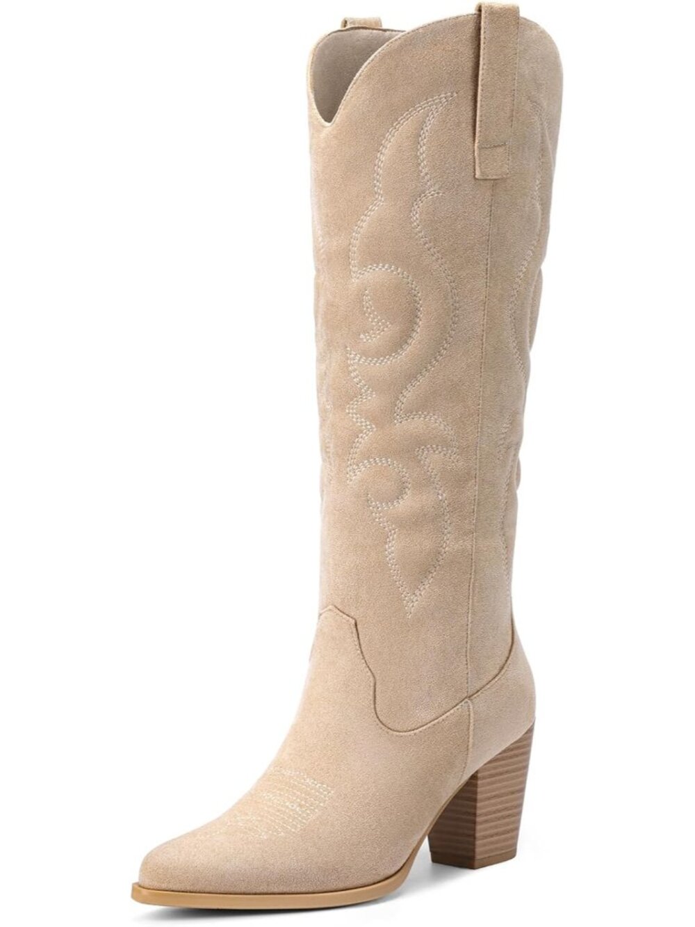 Women's Khaki Suede Knee High Cowgirl Boots Zipper Retro Pointed Toe Tall Boots
